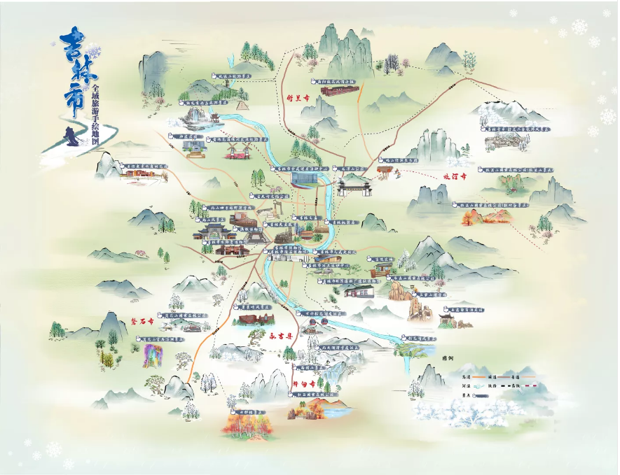 吉林市手绘地图：一图玩转滑雪天堂